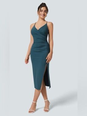 HALARA Teal Wrap-Front Midi Dress with Side Slit